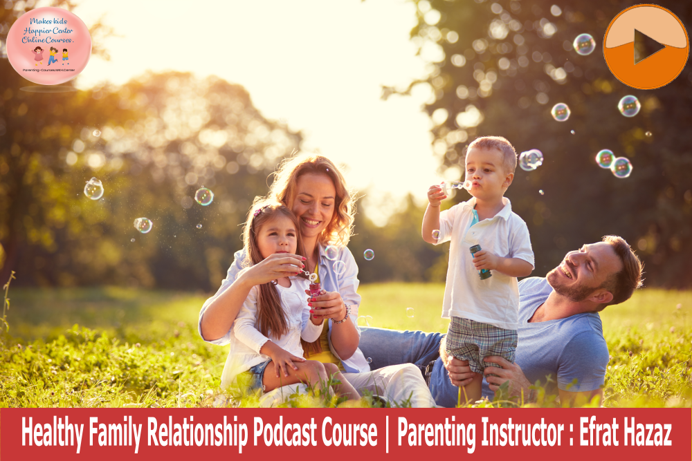 Family of four in the park and play bubbles.